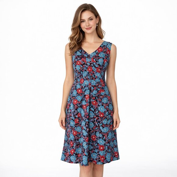 Allison Daley Dresses & Skirts - Floral Midi Dress Blue Red V Neck Sleeveless A-Line Size 8 Summer